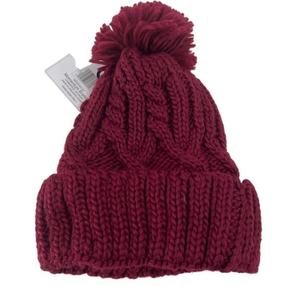 Momentum Brands Burgundy‎ Cable Knit Pom Beanie Fleece Lined Winter Hat NWT